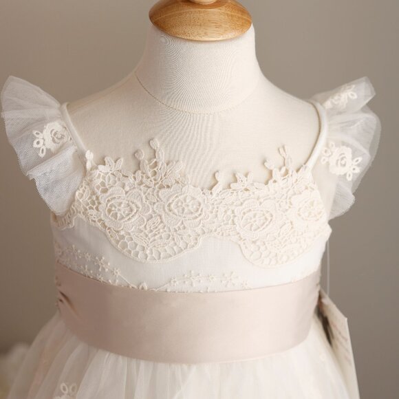 Stunning Ivory Flower Girl Embroidered Lace Tulle Dress Champagne Sash NWT - Picture 2 of 9